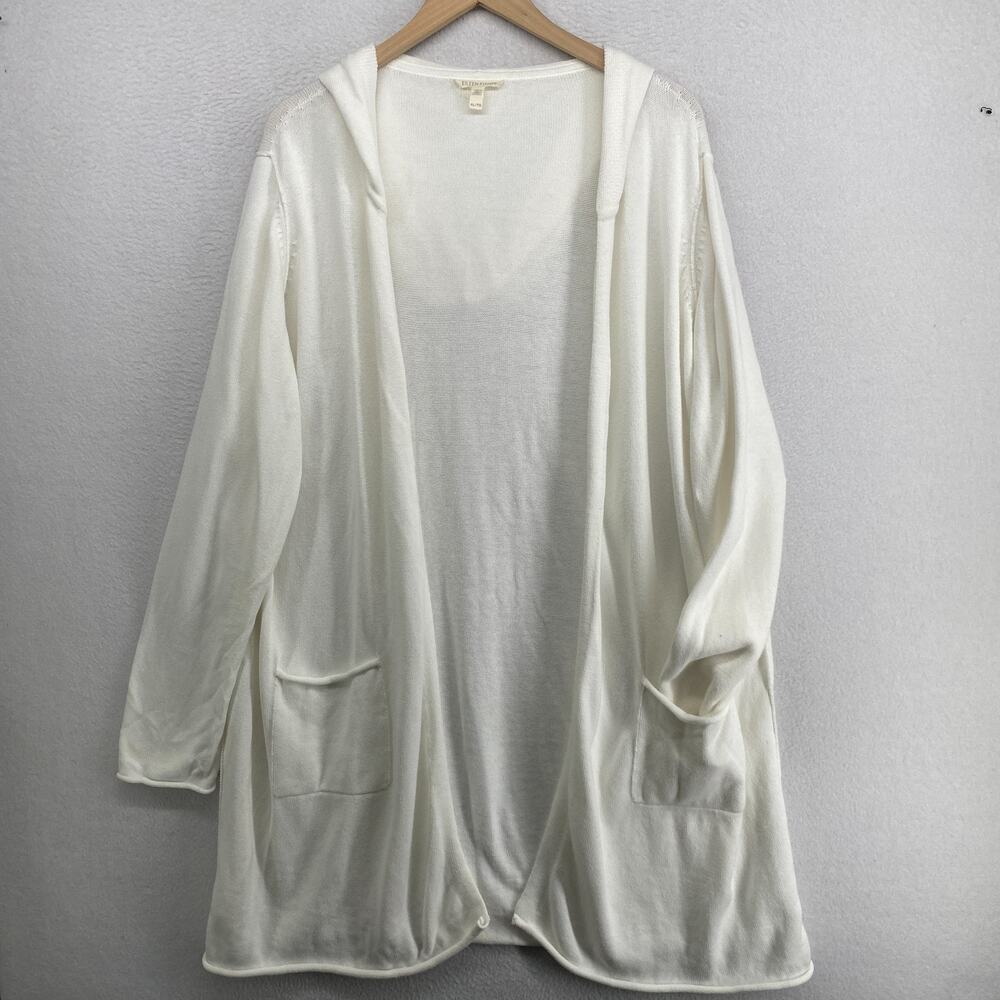 EILEEN FISHER Hoodie Cardigan XL Organic Cotton Tunic Open Front Sweater White